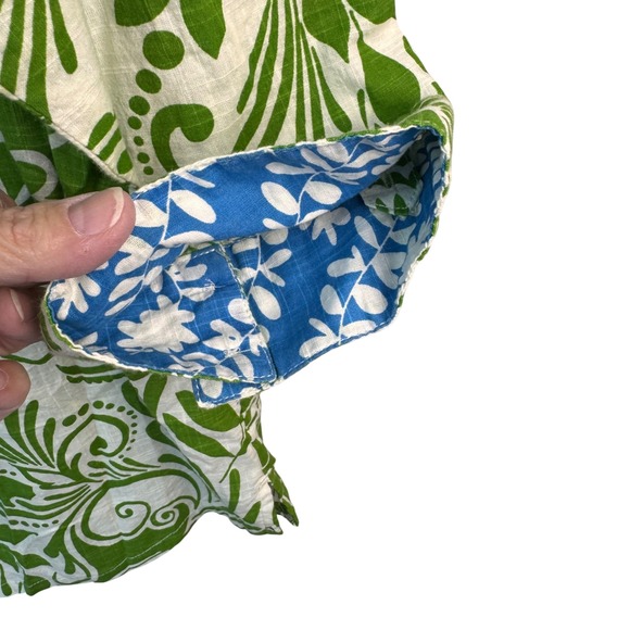 Pappagallo Shirt Blouse Medium Womens Button Down Green White Floral Roll Tab - Picture 9 of 15